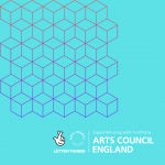 On a light blue background sit purple and dark orange outlines of cubes. There is also an Arts Council England National Lottery Funding Logo in white.