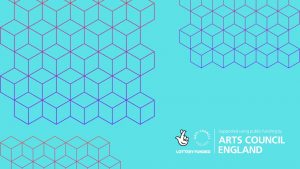On a light blue background sit purple and dark orange outlines of cubes. There is also an Arts Council England National Lottery Funding Logo in white.