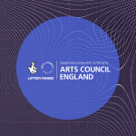 Swirling lines for the background. In the foreground is a blue circle which has the Arts Council England National Lottery Logo in it.